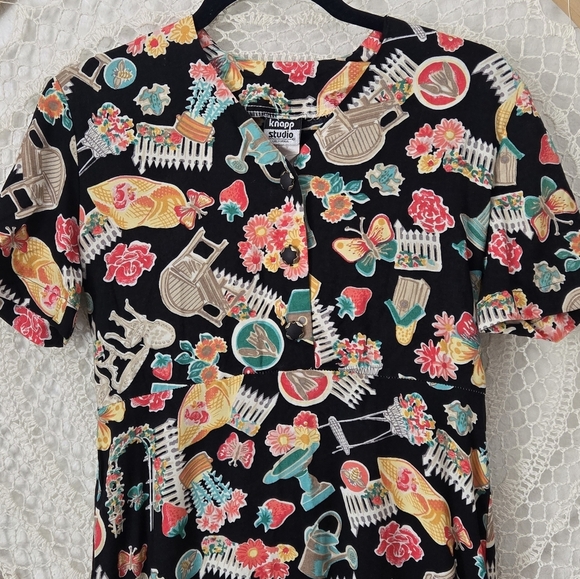 Vintage 80s Knapp Studio Novelty Print Garden Black Cottagecore Maxi Dress 9 USA - Picture 12 of 13